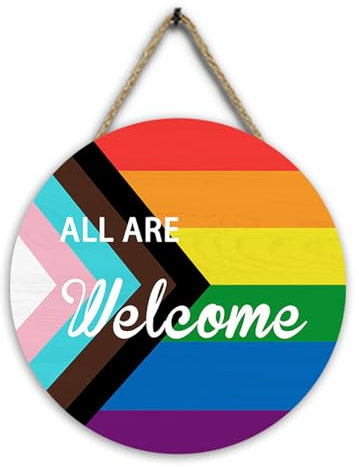 Rainbow Welcome Wooden Hanging Sign, LGBT Rainbow Door Sign Hanger, Welcome Sign for Front Door, Wooden Sign with Welcome Quotes, Rainbow Wall Hanging Decor(Round)