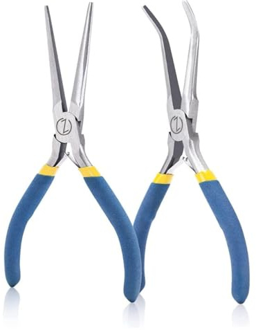 WISEPRO set med spetstång 150 mm, minitänger med fjäder | lång näsa | böjd spetstång | smyckestång för smycken, platt hantverk, elektroniska reparationer, 2 stycken