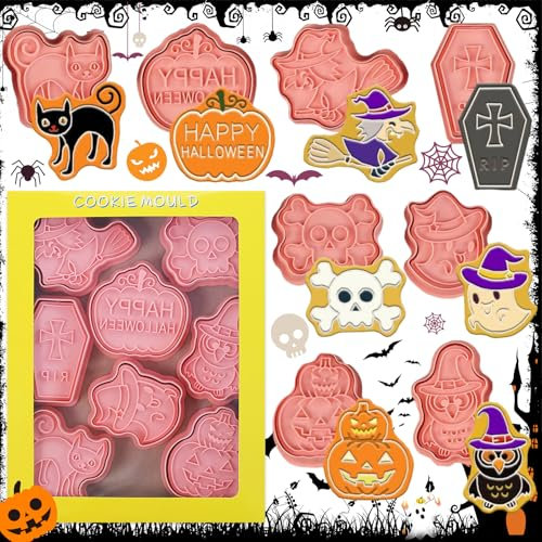 Weploda 8 Piezas Reutilizable Moldes Galletas Halloween, 3D Prensables Juego De Cortadores De Galletas De Halloween, Moldes De Plástico Para Sellos De Halloween, Para Decoraciones Fiesta De Halloween
