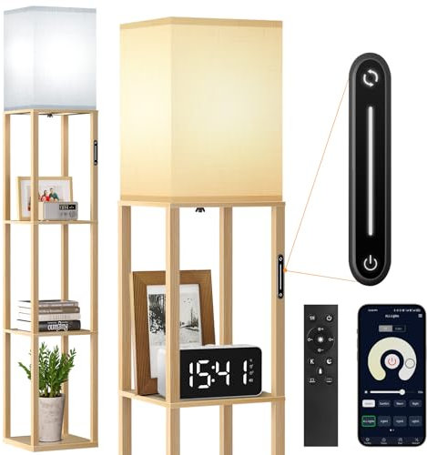 OUTON Stehlampe mit Regal Dimmbar, Stehleuchte Holz mit 4 Farbtemperatur und 1H Timer, Fernbedienung, APP und Touch Steuerung, Stehlampen mit Lampenschirm für Wohnzimmer, Schlafzimmer, Büro (Holz)
