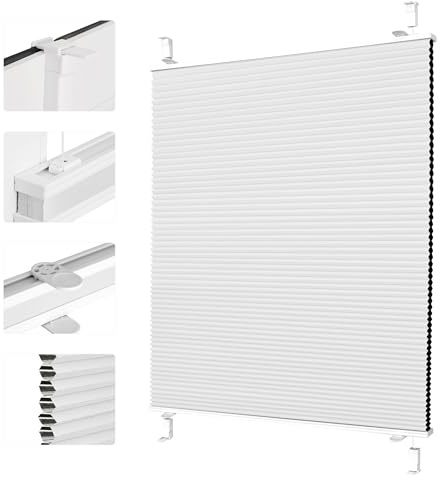 Grandekor Wabenplissee ohne Bohren Weiß-Weiß 90x120cm (BxH) | Verdunklungsplissee Klemmfix Plissee ohne Bohren Verdunkelung Thermo Rollo Wärmedämmung, Privatsphäre - & Sonnenschutz