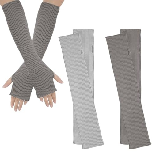 Armstulpen Damen, 2 paar Lang Handschuhe Fingerlos, Strick Handstulpen Damen, Fingerlose Fäustlinge mit Daumenloch, Pulswärmer Fäustlinge, Lange Armstulpen Ellenbogenwärmer, grau