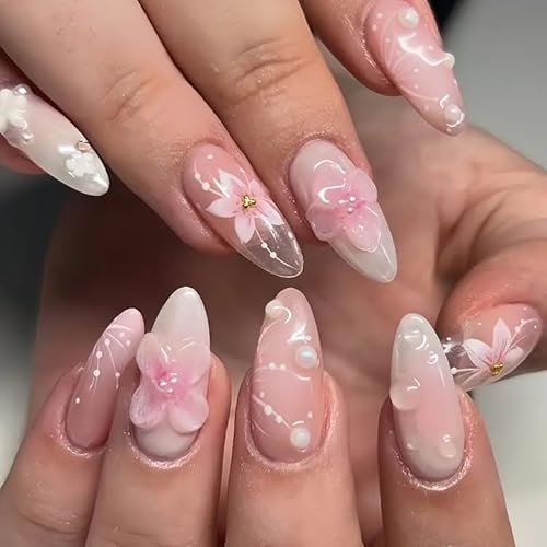 GlamRays Lot de 24 faux ongles à effet 3D, en acrylique, en forme d’amande de taille moyenne, motif relief perlé, rose brillant