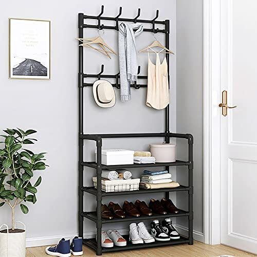 SFNIOKFG Garderobenständer für den Eingangsbereich mit Regal, 3-in-1-Flurbaum mit Schuhaufbewahrung, Garderobenständer mit 8 Haken, multifunktionaler Flur-Organizer, Akzentmöbel mit Metallr