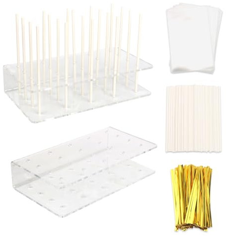 2 Stück Cake Pop Ständer mit 100 Cake Pop Stiele,Transparent Süßigkeiten Ständer,20 Löcher Lutscher Stände,Cake Pop Zubehör,für Hochzeit Geburtstag Dessert Tisch Party Deko