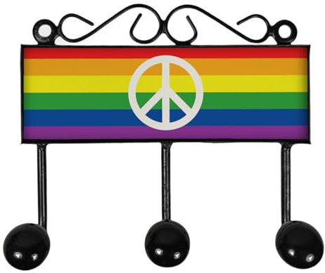 Regenbogen Friedenszeichen Kleiderhaken Leiste mit 3 Haken - Peace Retro Wandhaken mit lustigem Peace-Zeichen