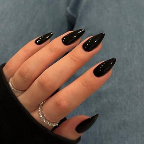 SXVME 48 Pcs Black Press on Nails Almond Medium Acrylic False Nails Medium Stiletto Natural Fake Nail Set Elegant Solid Color Full Cover Glossy Gel Stick on Nails for Women Daily Wear