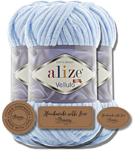 Hobby YARN 3x Etikettenlabel mit Alize Velluto Wolle Premium 3x100g als Set, Chenille Dicke Wolle zum Häkeln Uni Farbe Bulky Amigurumi Baby Kuschelwolle Filzwolle (Baby Blue - 218)