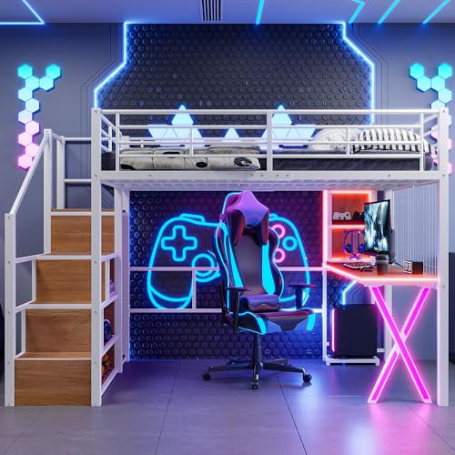 LED Hochbett 140x200 cm mit Schreibtisch, Bücherregal, Treppe und Kleiderschrank, Etagenbett mit Lattenrost, Funktionsbett Metallbett Spielbett Kinderhochbett Jugendhochbett, ohne Matratze, Weiß