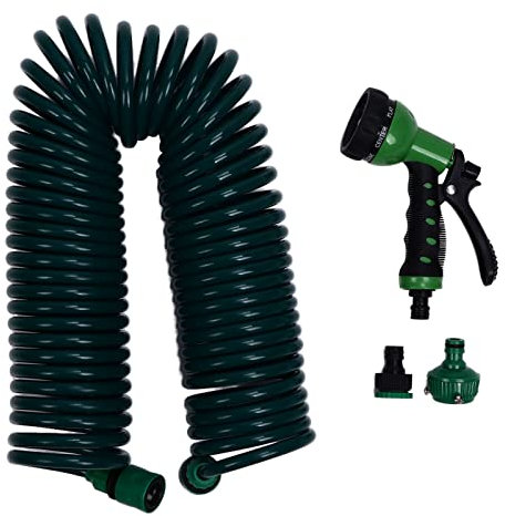 15M Flexibler Spiralschlauch Wasser, Garden Spiralschlauch Komplett Set Garten Teleskop Federrohr mit Hahnstück Zur Bewässerung von Pflanzen Gärten Rasenflächen Autowaschanlagen