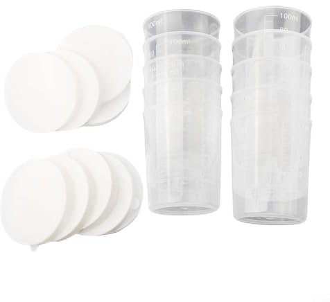 Lot de 10 gobelets gradués en plastique transparent de 100 ml avec couvercles blancs pour échantillons de laboratoire