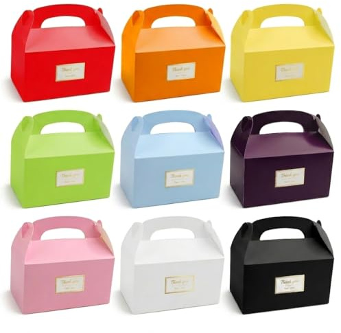 Party Boxes 27 Pack Cardboard Lunch Boxes for Kids Party 9 Vibrant Colours | 16x9x8.6 cm Treat Box Loot Bag perfect for Birthdays, Baby Showers, Weddings, Halloween, Easy to Assemble, Reusable