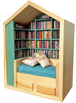 Gsycle Anxiety Bookshelf Shake Away Your Anxiety, Mini Bookshelf and 200 Pcs Mini Books Bookcase Decorative Ornament Wooden Miniature Library for Rooms Studies Desks Living Rooms