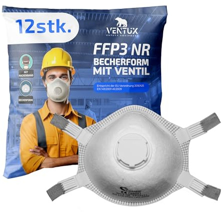 12X VENTUX FFP3 NR Atemschutzmaske – Becherform mit Ausatemventil, CE 0370 zertifiziert nach EN 149:2001+A1:2009 – Professionelle Partikelschutzmaske für Industrie, Handwerk und Gesundheitswesen