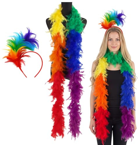 Yuwnd Papagei Kostüm Damen, Federboa Bunt und Regenbogen Haarreif, Karneval Haarreif, Kostüm Papagei Damen für Fasching Cosplay Haarband Karneval Party