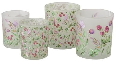 4 STK Windlichter Blumen Glas b457 Kerzenhalter Frühlingsdeko Blümchen Gartendeko Vintage Shabby Chic Osterdeko klar matt Geschenk Teelichthalter Windlicht Set