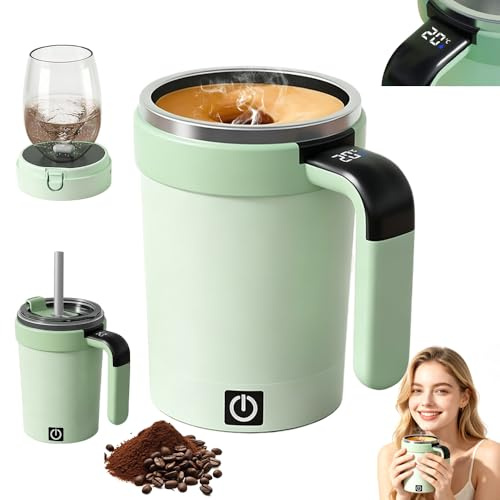 HIULLEN Self Stirring Mug, 380ml Rechargeable Auto Magnetic Mug with LED Temperature Display, Automatic Mixing Cup with Whisk and Detachable Base for Milk Coffee Protein for Office, School, Gym, Home