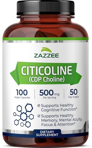 Zazzee Extra Strength Citicoline, 500 mg per Serving, 100 Vegan Capsules