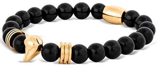 Akitsune Obsidian Perlenarmband | Premium Armband für Männer | Perlenarmband Herren mit Edelsteinen & Edelstahl Fuchs-Emblem | Tolle Geschenkidee - Gold Schwarz Glatt - 20cm