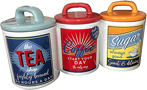 crazyshop Retro 50's 60's Style Ceramic Canisters/Jars for The Kitchen Counter - 3 Count, 14 cm (H) x 10 cm (D), Multicolor, Air Tight Lids - Tea, Coffee, Sugar