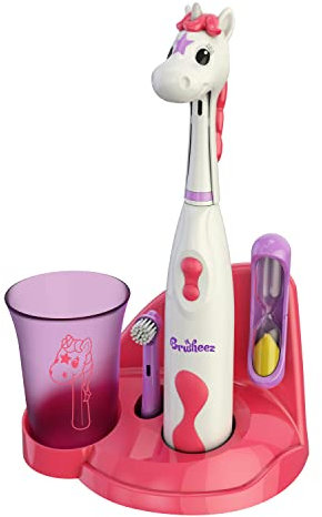 Brusheez Kid's Electric Toothbrush Set - Sparkle the Unicorn - Includes Battery-Powered Toothbrush, 2 Brush Heads, Cute Animal Cover, Sand Timer, Rinse Cup & Storage Base