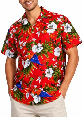King Kameha Hawaii Hemd Männer - Tropisches Hawaiihemd Herren Kurzarm mit Papagei Print, Ideal für Urlaub, Festival & Strand