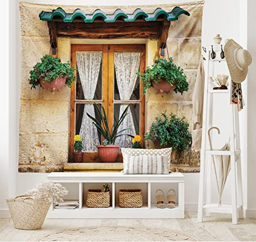 ABAKUHAUS persiane Arazzo, Vecchia Finestra e Fiori, Tessuto Parete Appeso Decorazione per Camera da Letto, Soggiorno, dormitorio, 150 x 110 cm, Beige Verde