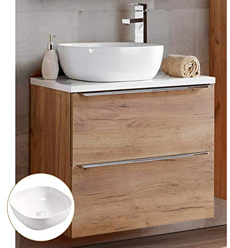 Lomadox Badmöbel Waschtisch-Unterschrank Set 61cm, Wotan Eiche Dekor mit Hochglanz weiß, 41cm Keramik-Waschbecken, 2 gedämpfte Softclose-Schubkästen, B/H/T ca, 61/74,5/46 cm