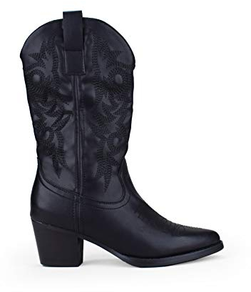 BOSANOVA Stivale in stile cowboy con dettagli di cuciture decorative a tono sulla canna, tacco 5,5 cm e chiusura con zip laterale. Scarpe da donna, Nero , 36 EU