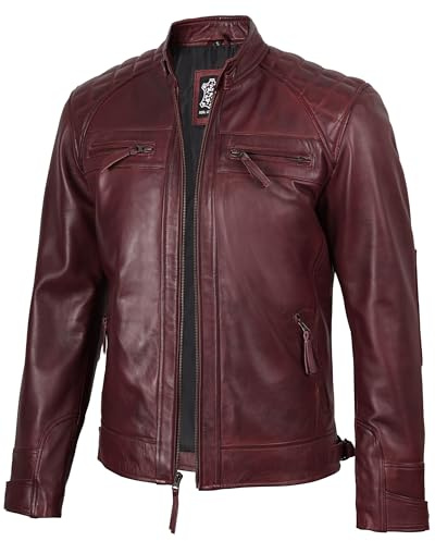 fjackets Chaqueta de piel de cordero auténtica para hombre, estilo moto, acolchada, clásica, con cremallera, para hombre
