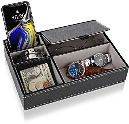 Baoyun Mens Valet Tray Organizer, Mens Jewelry Box, Nightstand Organizer with 5 Compartments, Dresser Faux Leather Storage Box for Wallet, Phone, Keys (Black & Grey)