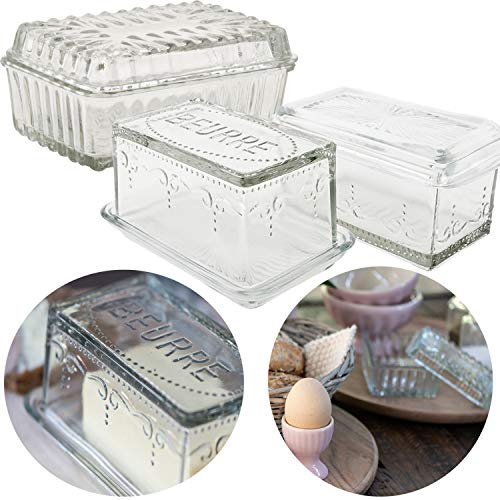 LS-LebenStil Vintage Glas Butterdose mit Deckel 16x10x7cm Beurre Butterglocke Butterschale Butterbehälter Butteraufbewahrung Kühlschrank Frühstück spülmaschinenfest Butterbox