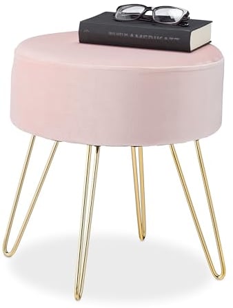 Relaxdays Samthocker, rund, eleganter Polsterhocker, goldene Metallbeine, modern, Sitzhocker Samt, HxD: 40 x 40 cm, rosa, 1 Stück