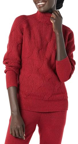 Amazon Essentials Women's Winter Long-Sleeve Jumper, Soft-Touch Funnel Neck Cable Knit, Dark Red, L