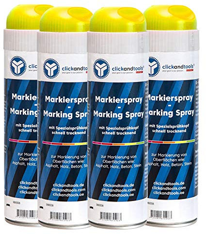 clickandtools Markierungsspray leucht gelb 4er Pack mit Spezialsprühkopf, schnell trocknend
