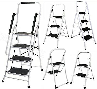 Scaletta Pieghevole 3 Gradini con Corrimano e Battistrada Antiscivolo, Scala Acciaio Portatile e Leggera, Sgabello con Gradini per Cucina, Lavoro fai da te, Capacità 150 kg, 130cm