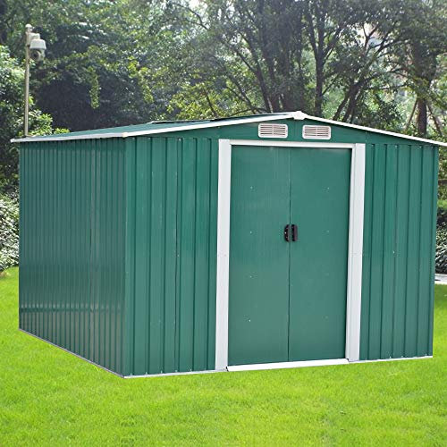 Panana 8 x 6ft Corrugated Metal Garden Storage Shed w/Sliding Door Sloped Roof - Green
