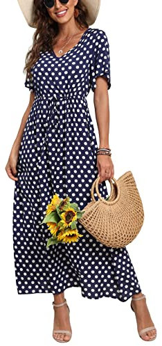 GRECERELLE Womens Summer Maxi Boho Beach Dress Floral Print Dress V Neck Short Sleeve Drawstring High Waist Flowy Long Midi Dresses (Polka Dots Navy Blue, XXL)