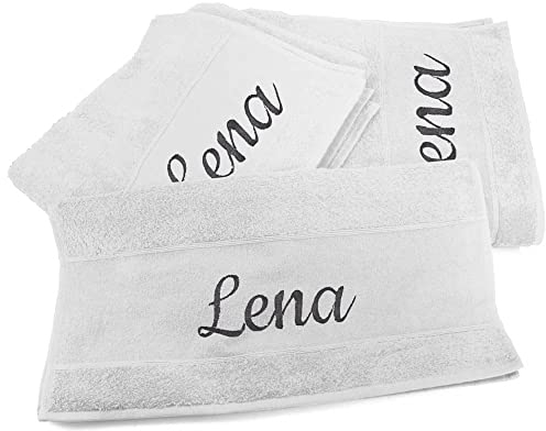 Handtücher 3er Set mit Namen oder Wunschtext Bestickt - Farbe Weiß - 3 Verschiedene Größen: 180 x 100 cm, 140 x 70 cm und 100 x 50 cm, personalisiertes Duschtuch - Badehandtuch, 100% Baumwolle