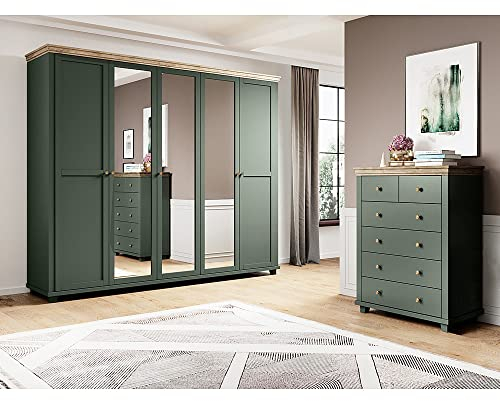 Lomadox Kleiderschrank mit Kommode im Landhausstil in grün mit Lefkas Eiche Nb.