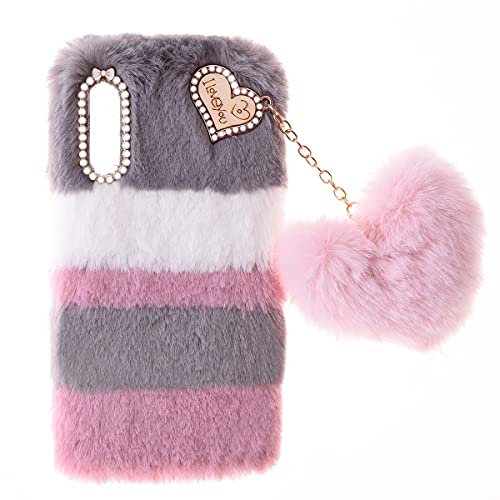 Fluffy Fur Plush Case for Sony Xperia 10 III Protective Case Soft Warm Love Fluffy Case Bling Diamond Cover Fluffy Fur Skin TPU Cell Phone Case for Women Girls for Sony Xperia 10 III,Collage Grey