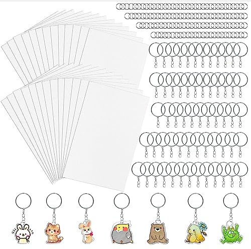 225 Piezas Kit Hojas de Plástico Termocontraíble Plastico Magico Shrink Plastic Plástico Mágico Horno Incluye 25 Papel de Película Retráctil 200 Piezas de Accesorios de Llavero, para Manualidades DIY