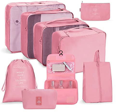 OSDUE Koffer Organizer Set 9-teilig, Packing Cubes, Wasserdichte Reise Kleidertaschen, Packtaschen für koffer, Verpackungswürfel mit Schuhbeutel, USB Kabel Tasche, Digitale Tasche (Rosa)