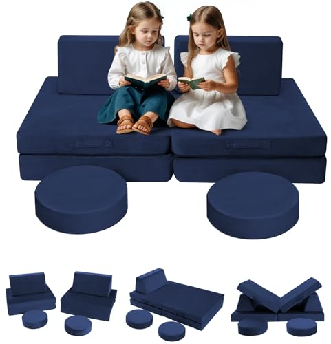 MeMoreCool Kids Play Couch Bed, Modular Toddler Sofa Chair for Playroom, 8-Piece Fold Out Baby Couch Play Set, Children Convertible Foam Sofa for Girls Boys, Navy Blue
