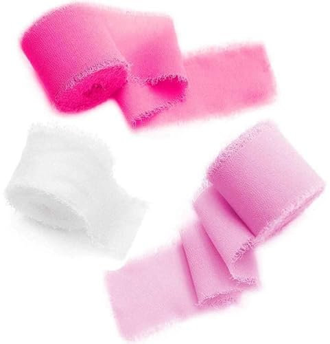3 Rollen Fransen-Chiffon-Seidenband, Gaze, 3,8 cm x 7 m, hellrosa & rosa & weiß Bänder-Set für Hochzeitseinladungen, Brautsträuße, Geschenkverpackungen, Blumenarrangement, Dekoration, DIY Handwerk