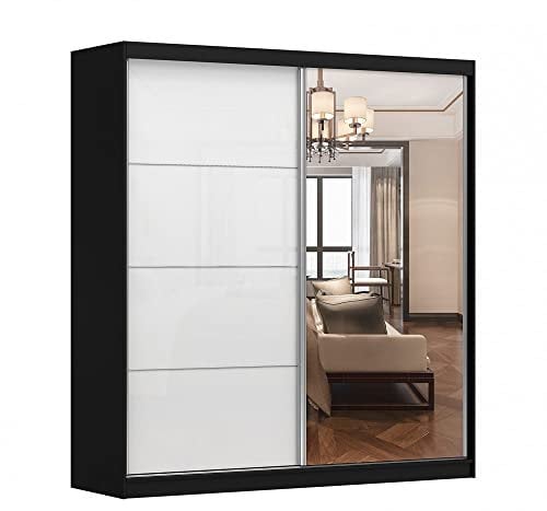 Kleiderschrank M35 mit Spiegel 203 cm, Schwebetürenschrank, Garderobeschrank Schlafzimmer; Wohnzimmerschrank; Korpus Schrank Farbe: Schwarz; Farbe der Schrankfront: Weiß Hochglanz- 2 Schiebetüren