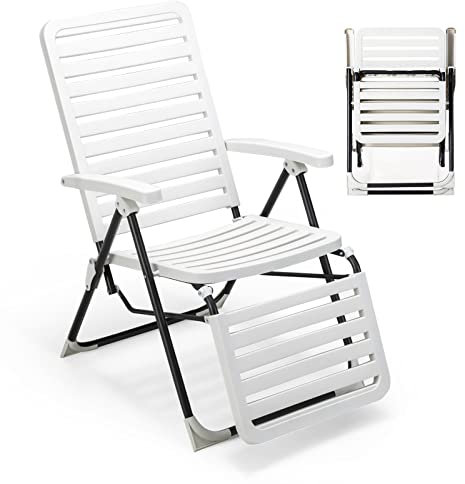 COSTWAY Chaise Longue Inclinable avec Dossier Réglable à 7 Positions, Fauteuil de Jardin Pliante en PP Résistant, Bain de Soleil pour Terrasse, Piscine, Charge 120 KG, Blanc