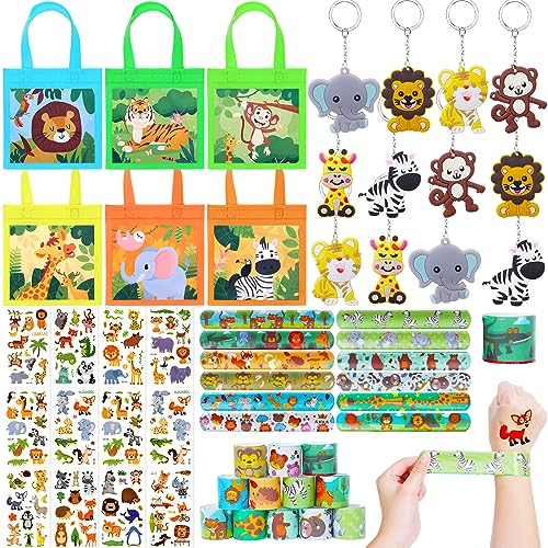 Tacobear Dschungel Party Mitgebsel Kindergeburtstag Give Aways Gastgeschenke mit Geschenktüten Aufkleber Schnapparmband Schlüsselanhänger Safari Tier Party Mitbringsel Pinata Füllung Junge Mädchen