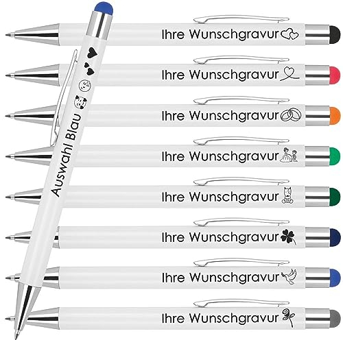 Kugelschreiber mit Wunschgravur | Werbekugelschreiber Personalisiert | Schreiben & Touchfunktion | Gummierter Oberfläche | Wunschsmbol Laser-Gravur 25 Stück Blau