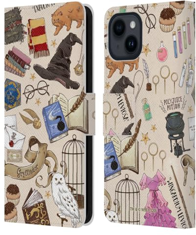 Head Case Designs Officially Licensed Harry Potter Hogwarts Pattern Deathly Hallows XXXVII Leather Wallet Case Compatible With Apple iPhone 15
